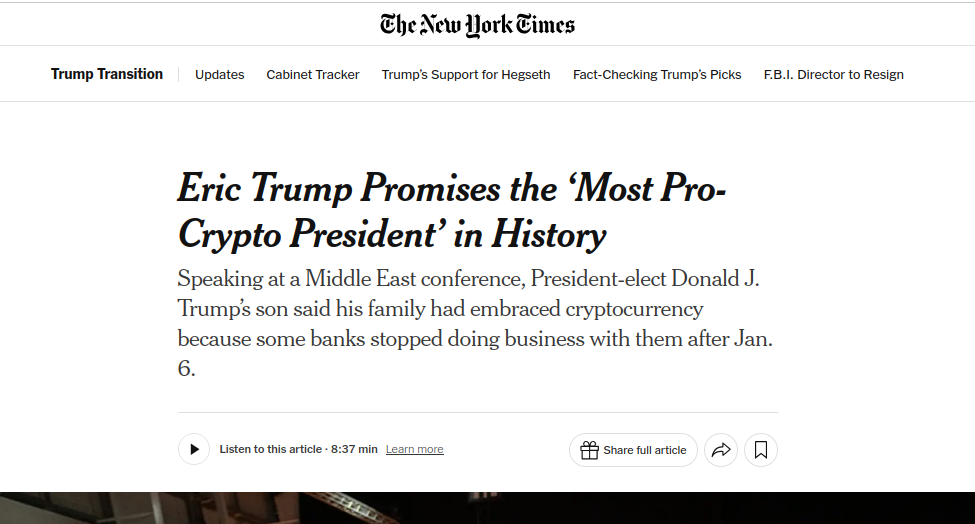 Screenshot of NY Times headline: "Eric Trump Promises the ‘Most Pro-Crypto President’ in History"