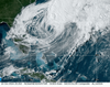 Satellite image of Hurricane Milton moving east into the Atlantic after hitting Florida