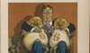 Picture of WR Hearst holding money bags with coins that have faces.
